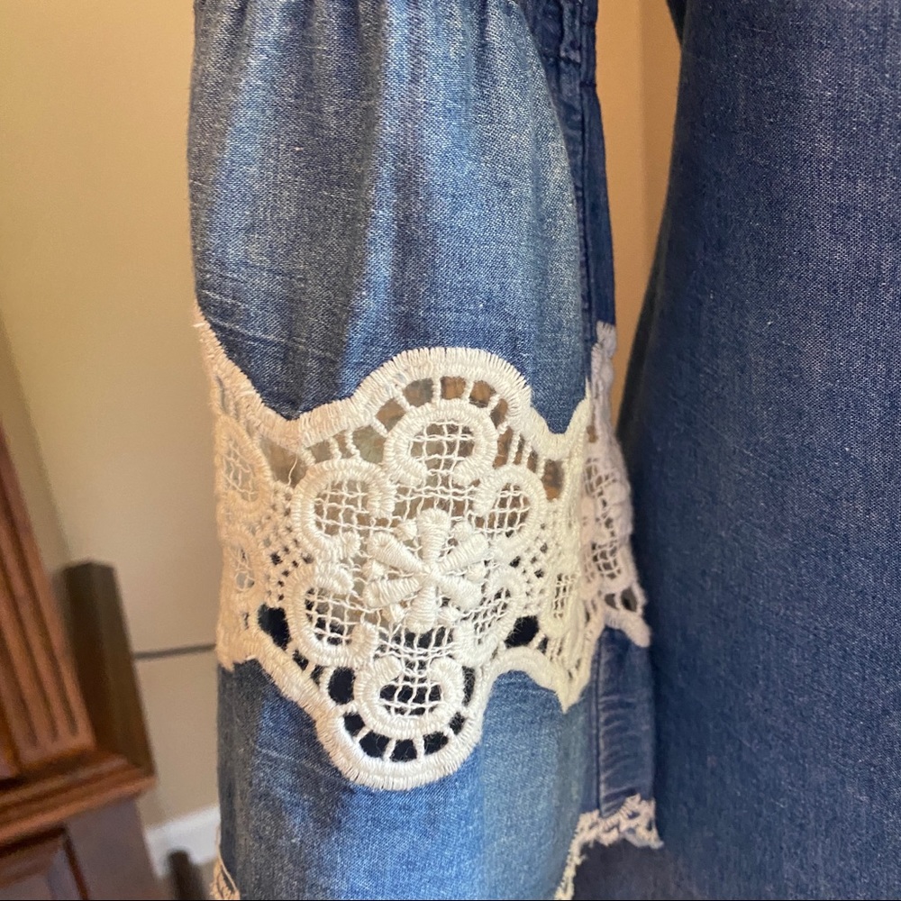 Denim Chambray and lace off the shoulder dress. Size Medium - Picture 2 of 6